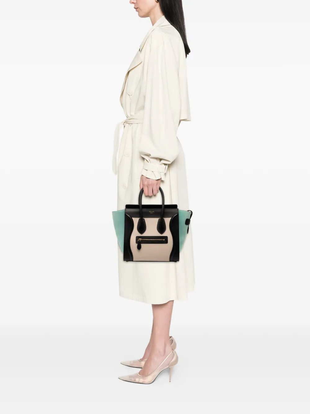 Pre-owned Celine 2017 Micro Tricolor Leather Luggage Tote Handbag In Brown