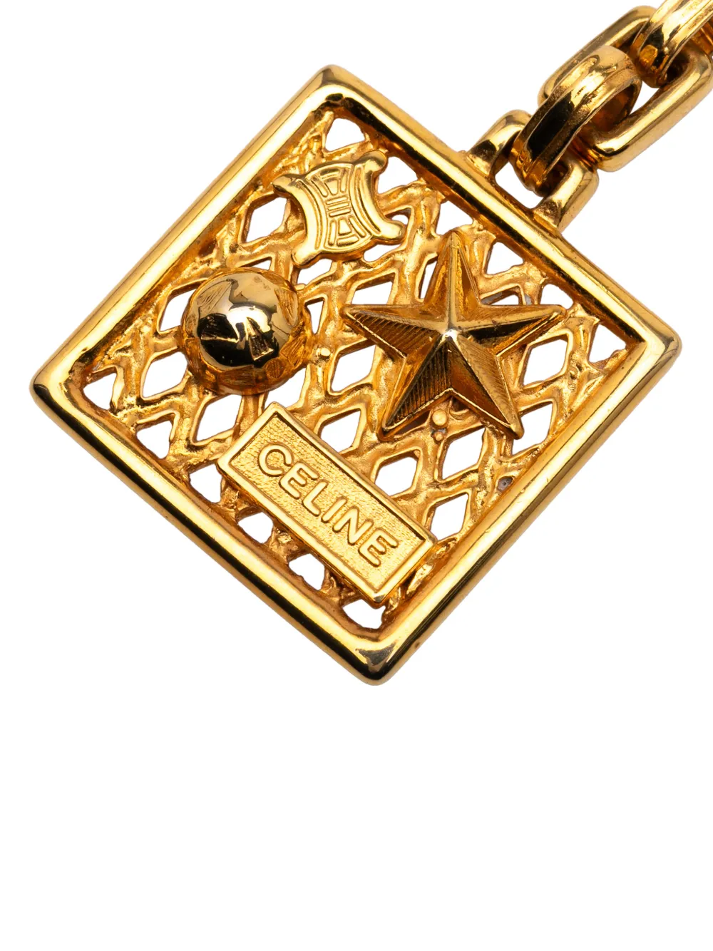 Pre-owned Celine 2010-2025 Gold Plated Logo Star Square Ring Charm Key Chain