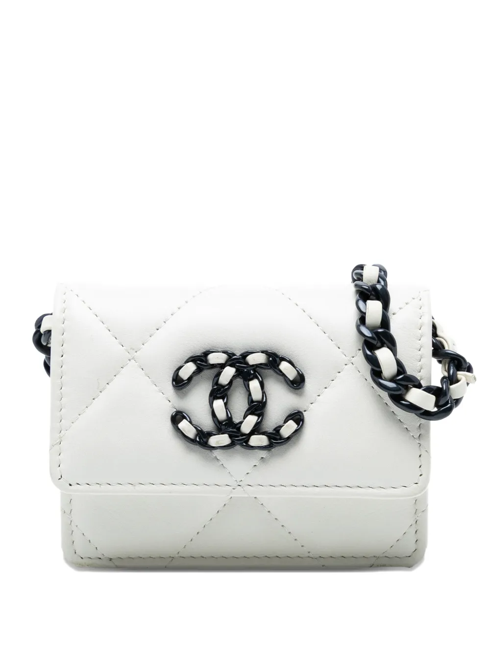 CHANEL Pre-Owned 2021 Lambskin 19 Flap Coin Purse With Chain crossbody bag - Bianco