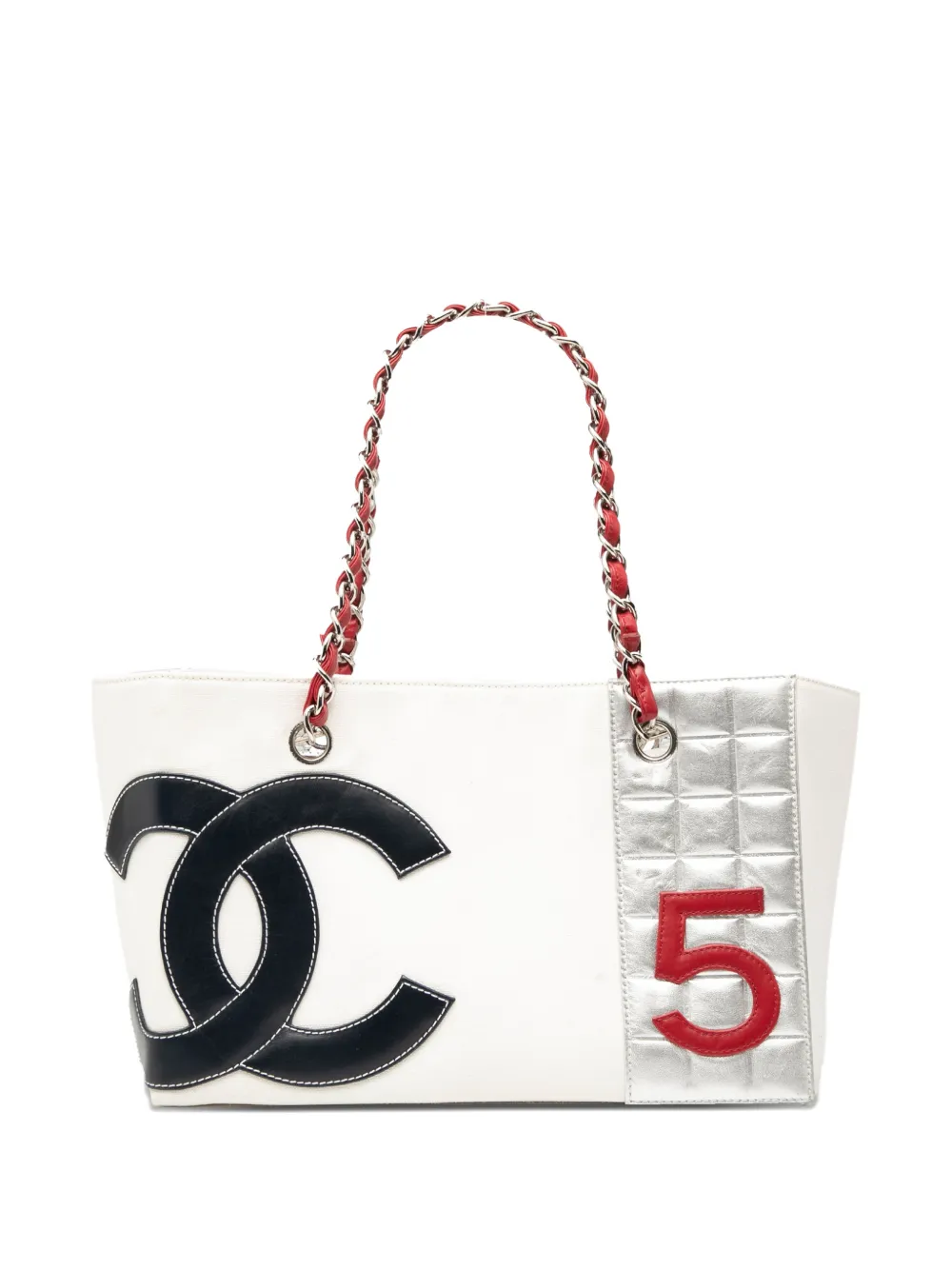 Pre-owned Chanel 2002-2003 Cc Canvas And Metallic Lambskin No. 5 Shopping Tote Bag In White