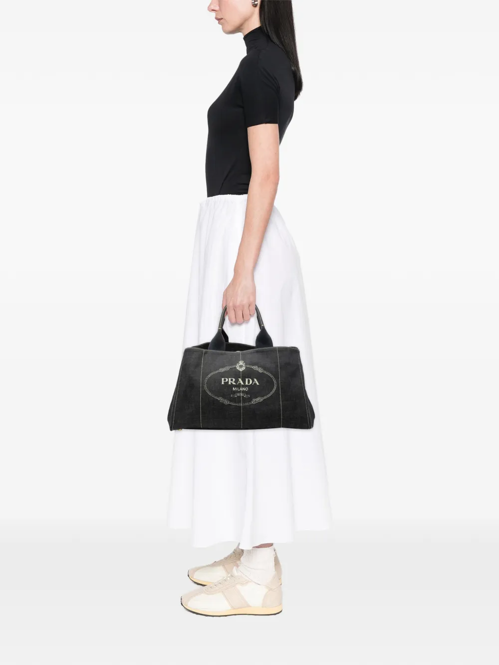 Pre-owned Prada 2013-2025 Large Denim Canapa Logo Satchel In Black