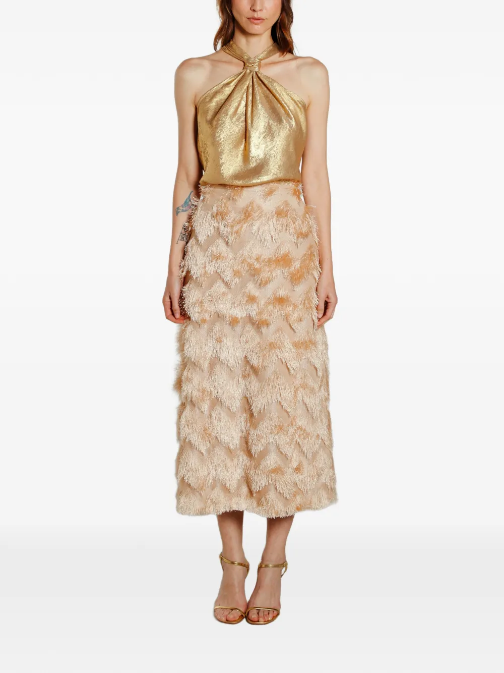 Isolda Fringed-chevron Midi Skirt In Gold