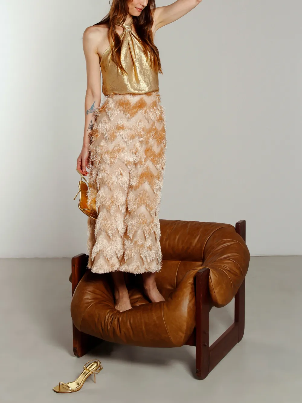 Isolda fringed-chevron midi skirt - Beige