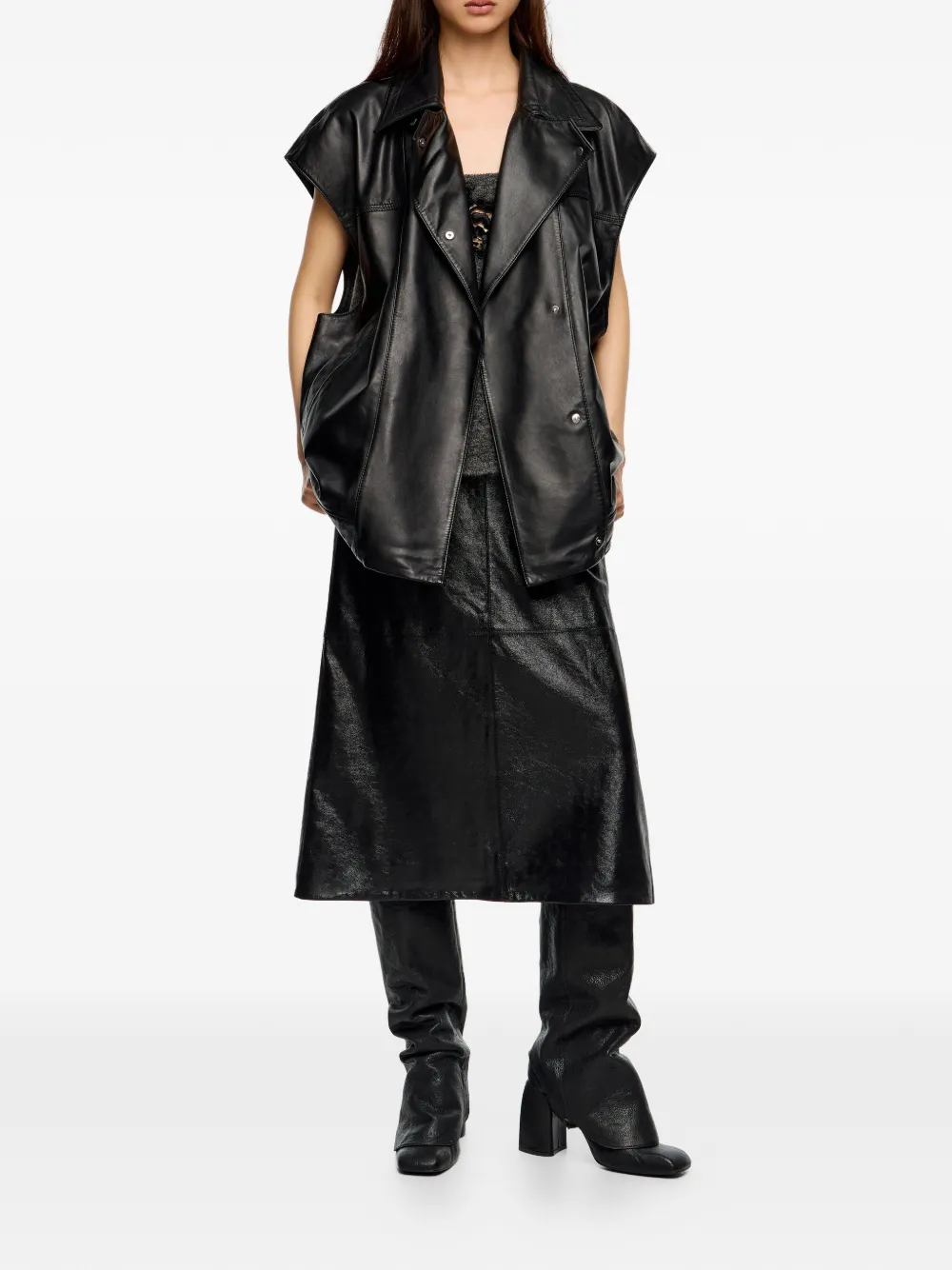 Bimba Y Lola Collared Sleeveless Leather Gilet In Black