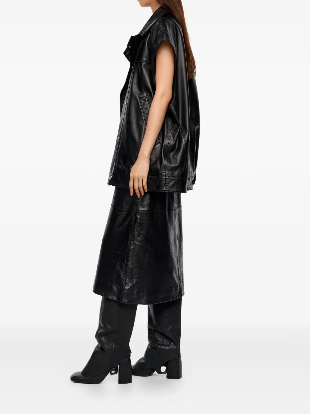 Bimba Y Lola Collared Sleeveless Leather Gilet In Black
