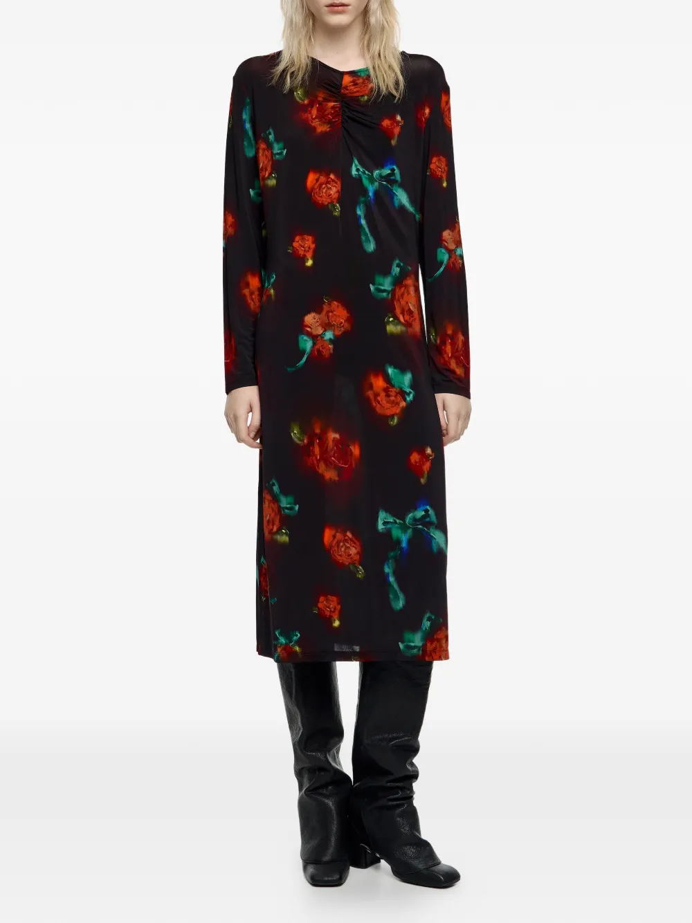 Bimba Y Lola Ruched Floral-pattern Midi Dress In Black