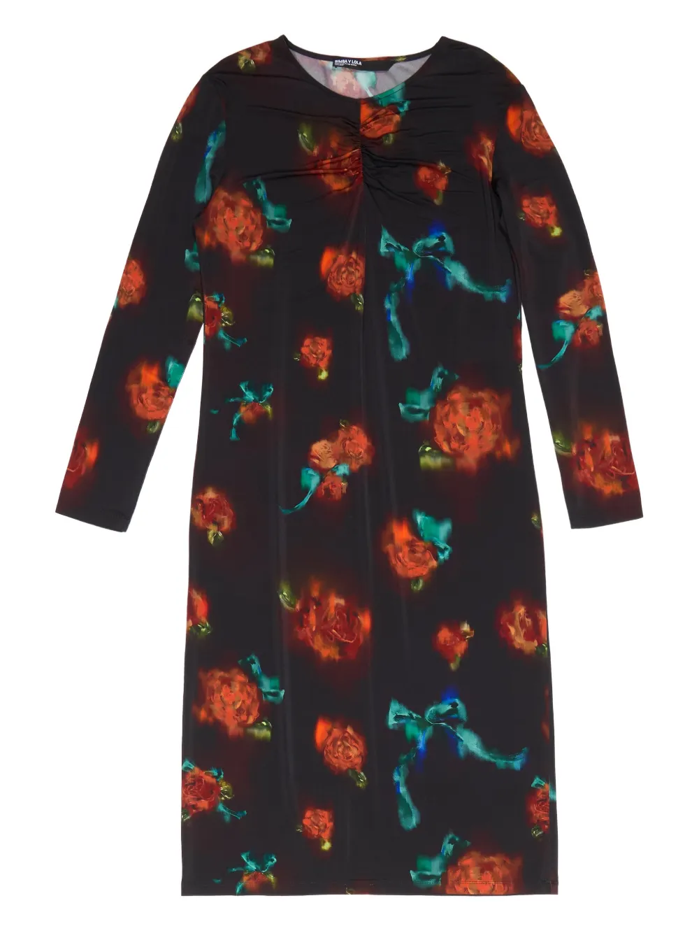 Bimba Y Lola Ruched Floral-pattern Midi Dress In Black
