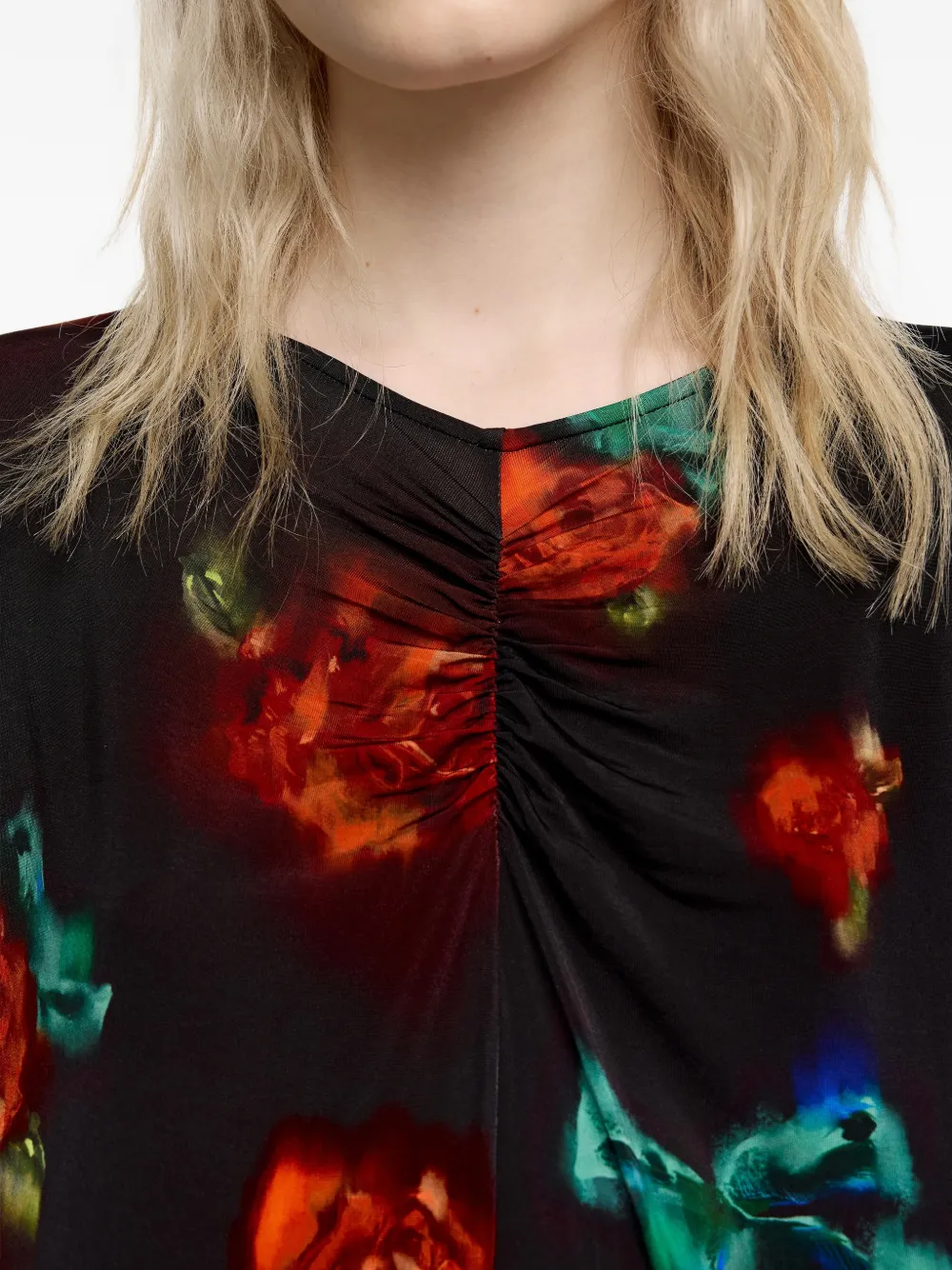 Bimba Y Lola Ruched Floral-pattern Midi Dress In Black