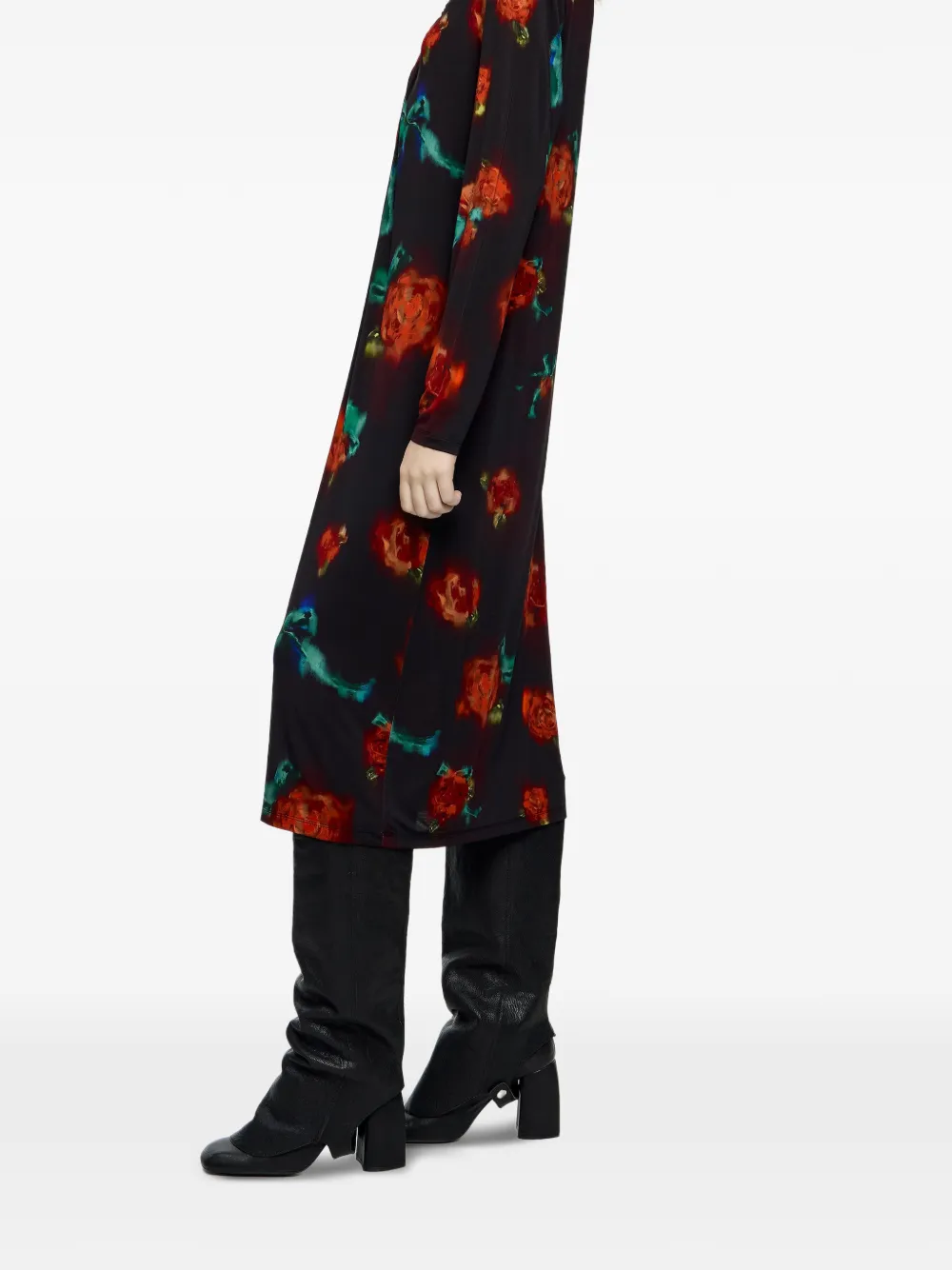 Bimba Y Lola Ruched Floral-pattern Midi Dress In Black