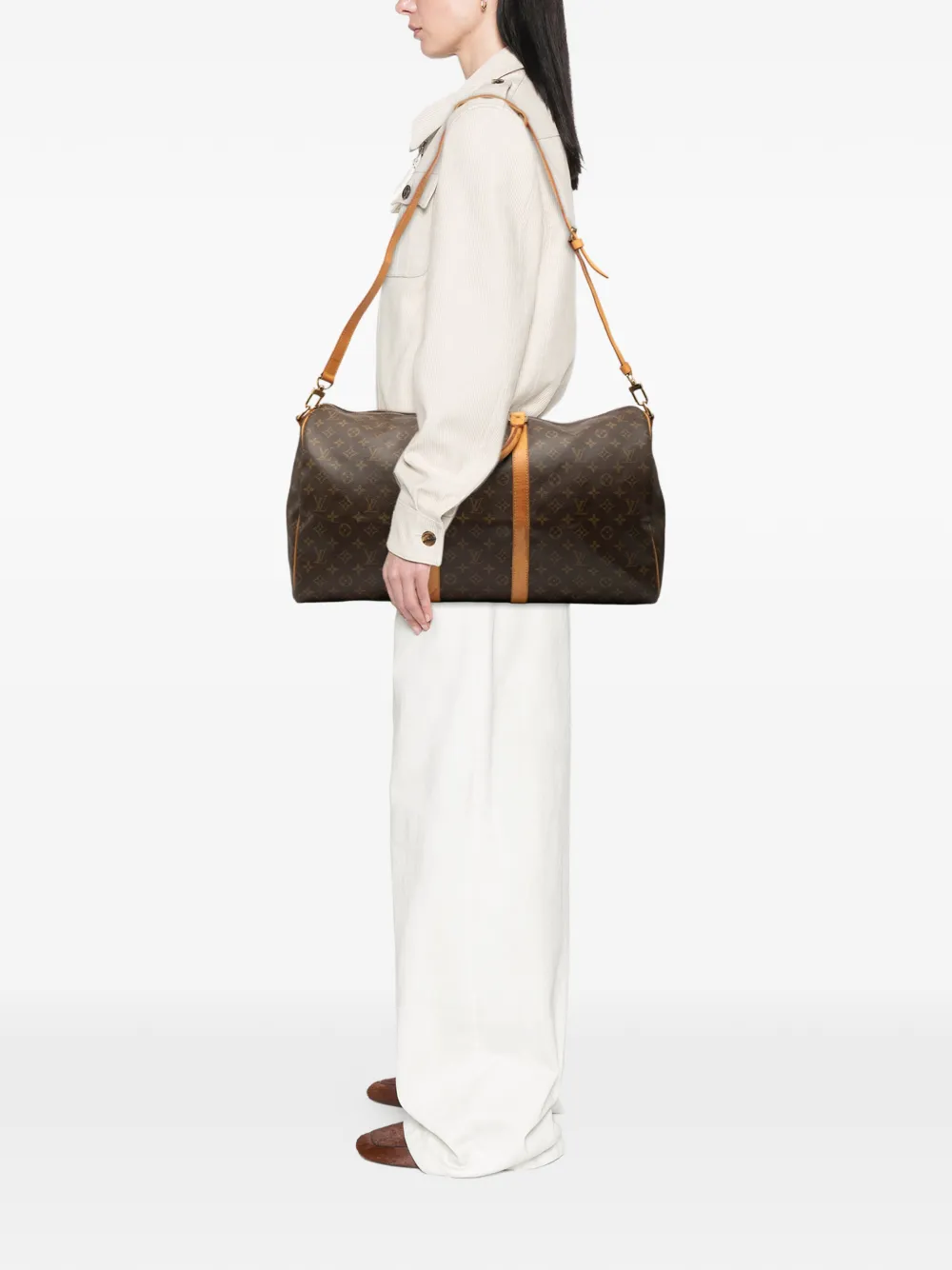 Pre-owned Louis Vuitton 1995 Monogram Keepall Bandouliere 55 Travel Bag In Brown