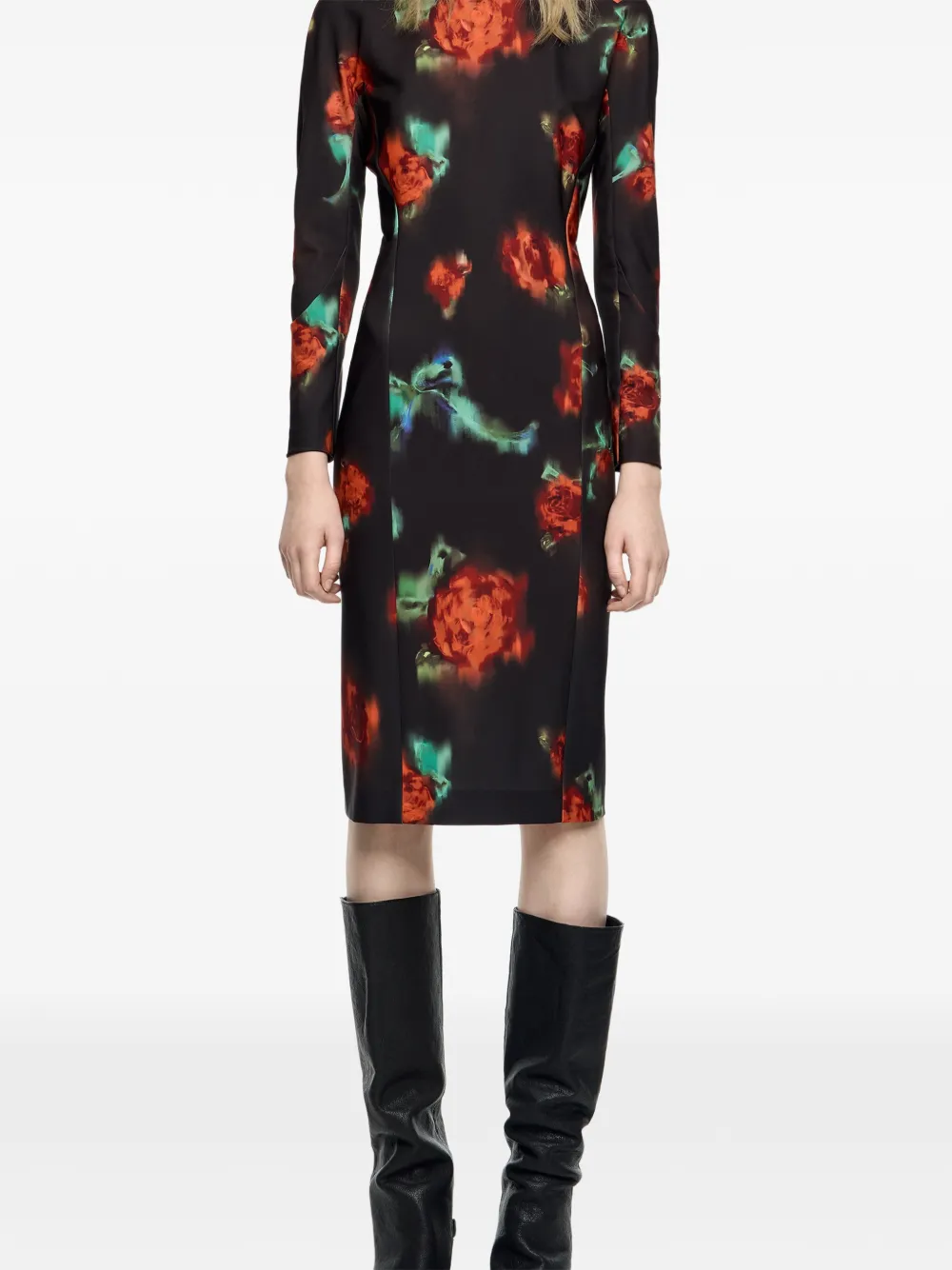 Bimba Y Lola Floral Long-sleeve Midi Dress In Black
