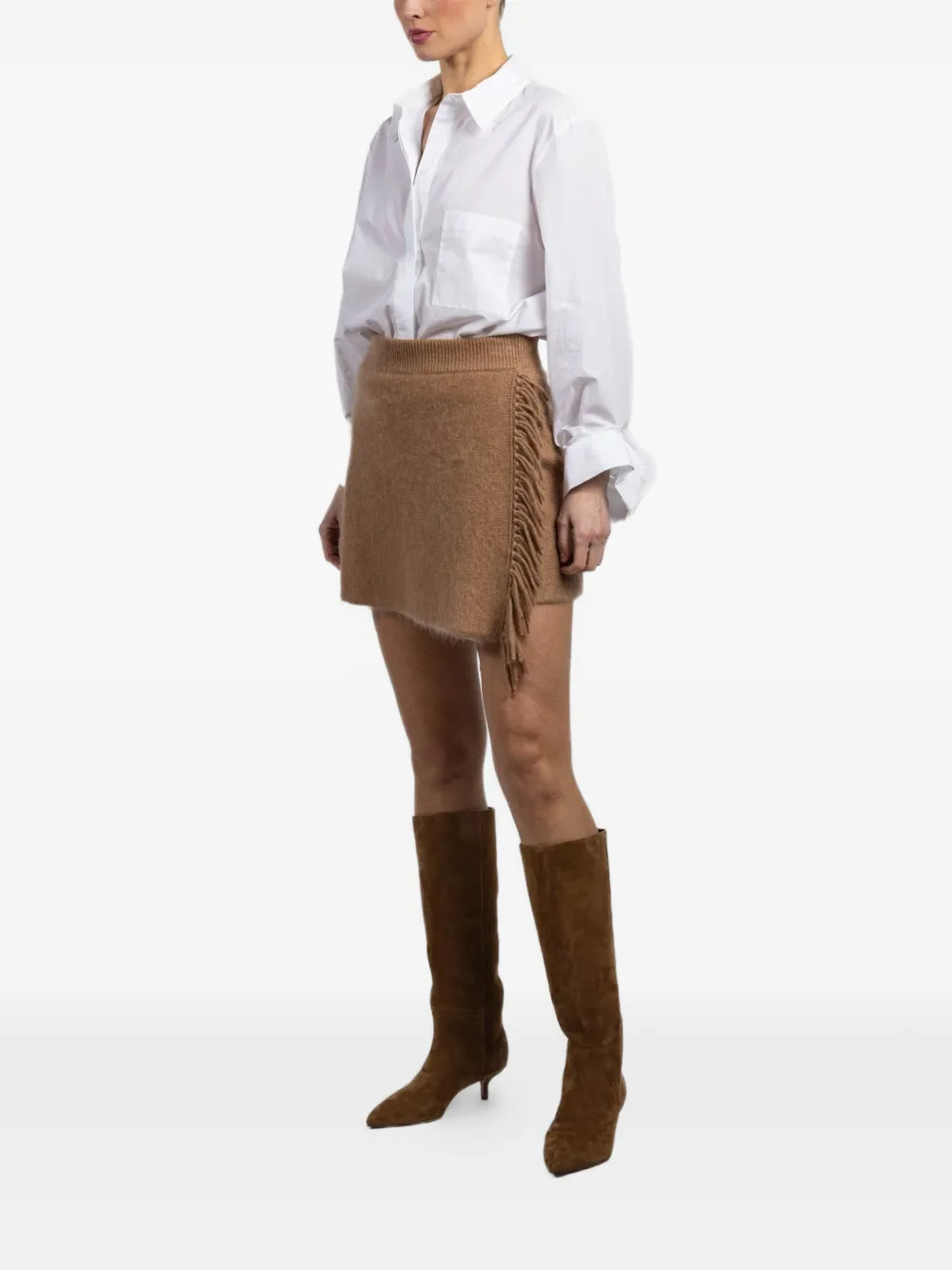  White + Warren Fringe-detail Knitted Skirt - Brown 