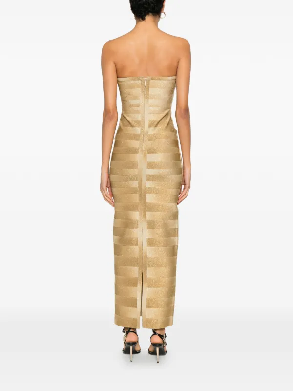 herve leger dress gold Metallic Sara Gown - Foil - 55% Off is a strapless column silhouette in a body HERV LGER The Mirabel mini
