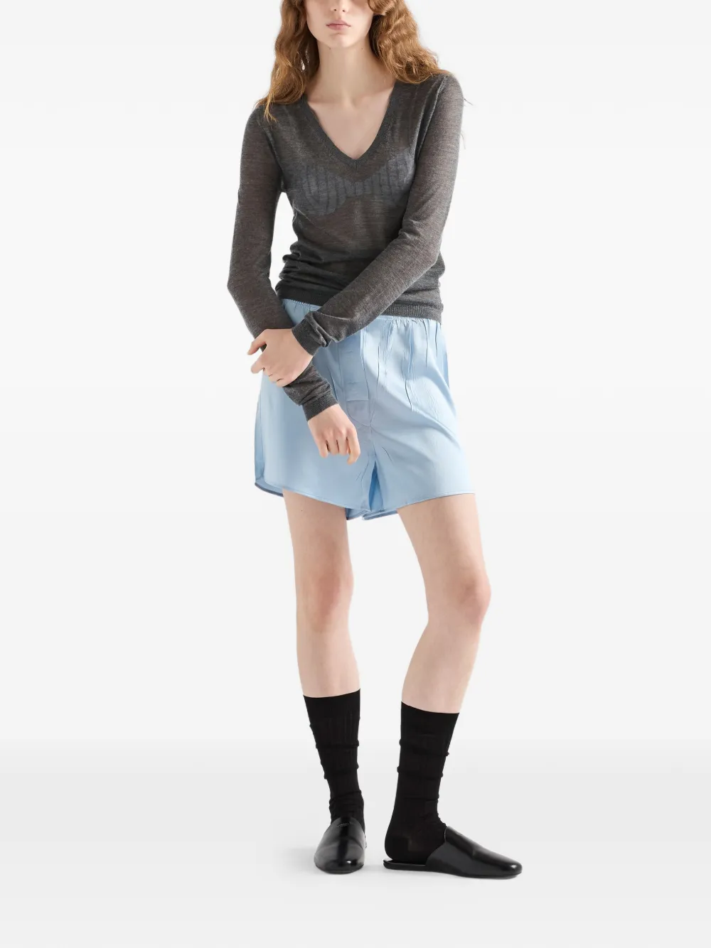 Prada Long-sleeve V-neck Sweater In Gray