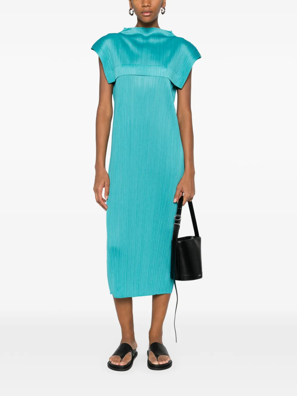 Issey Miyake Pleated Sleeveless Midi Dress In Blue