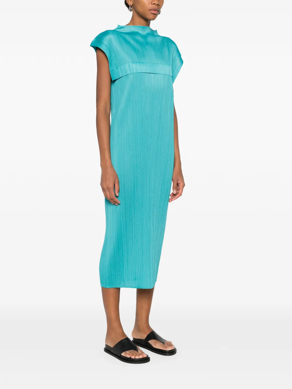 Issey Miyake Pleated Sleeveless Midi Dress In Blue