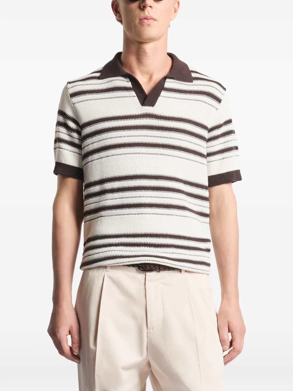 Striped Ribbed-Knit Short-Sleeves Polo Shirt