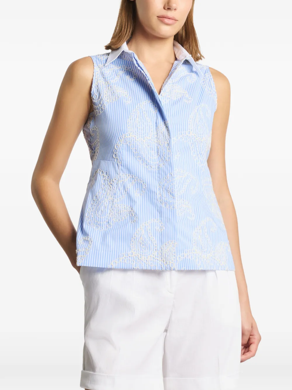  Fay Striped Embroidered Sleeveless Shirt - Blue 