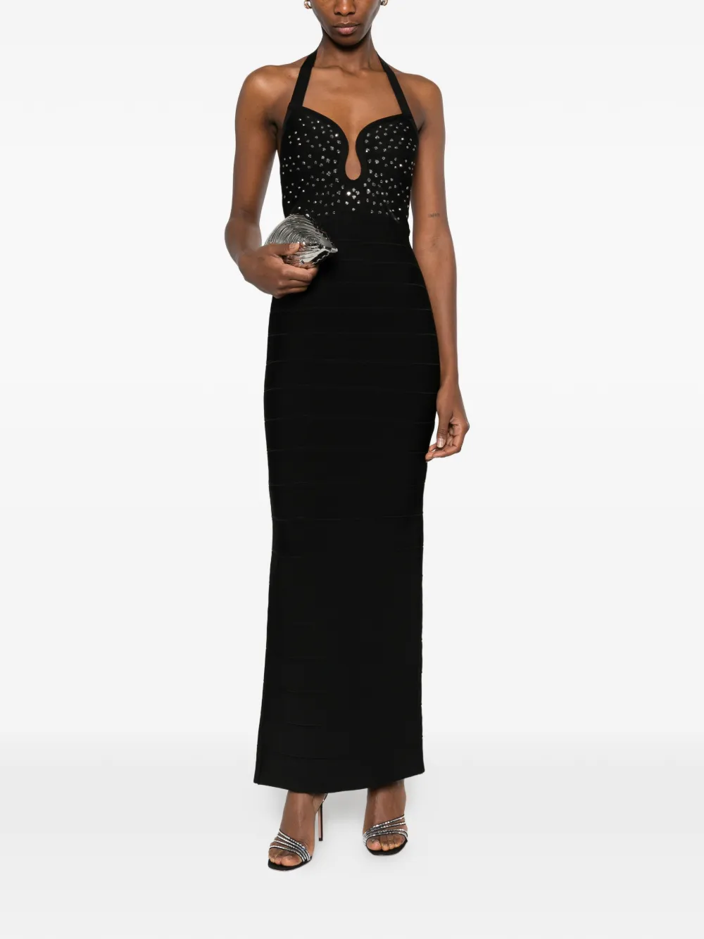 Herve Leger Reina Gown embellished halter-neck mididress - Zwart