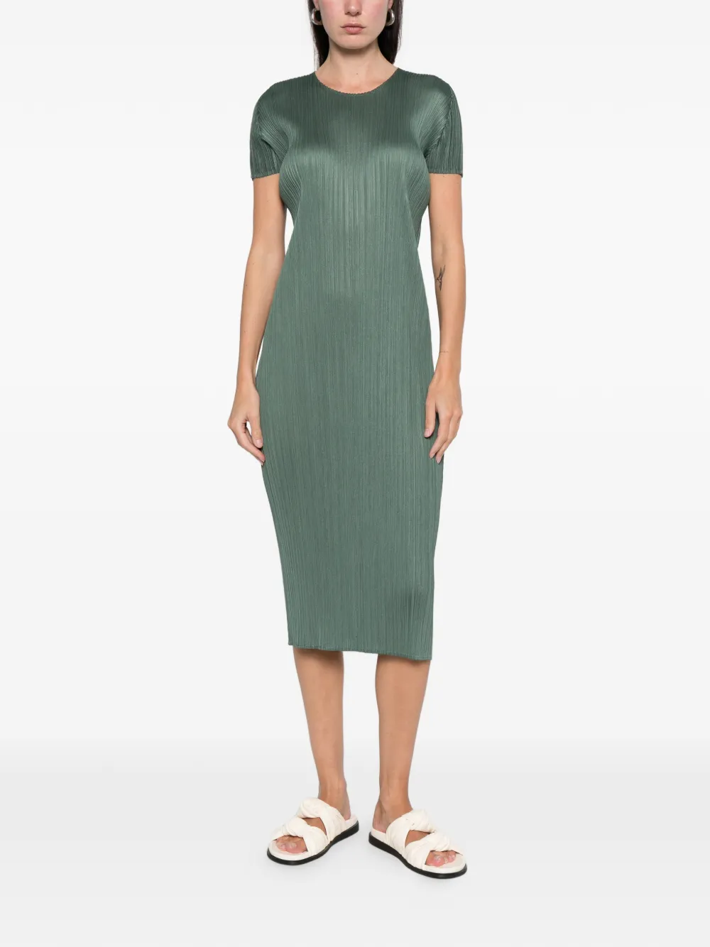 Issey Miyake Pleated Short-sleeve Dress In Green