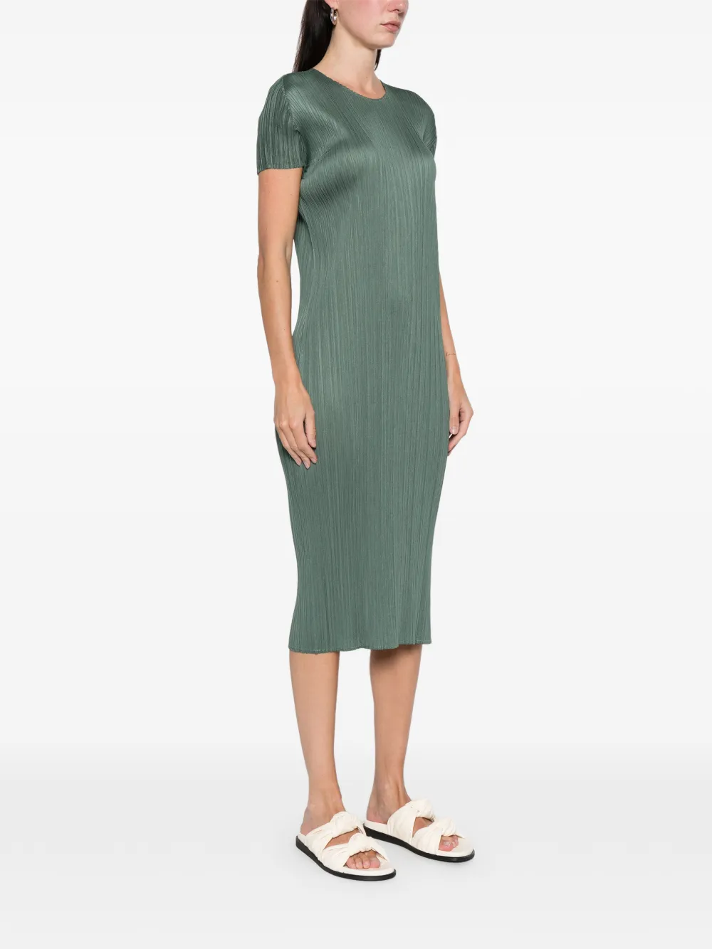 Issey Miyake Pleated Short-sleeve Dress In Green