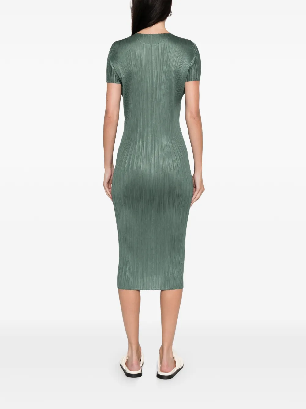 Issey Miyake Pleated Short-sleeve Dress In Green
