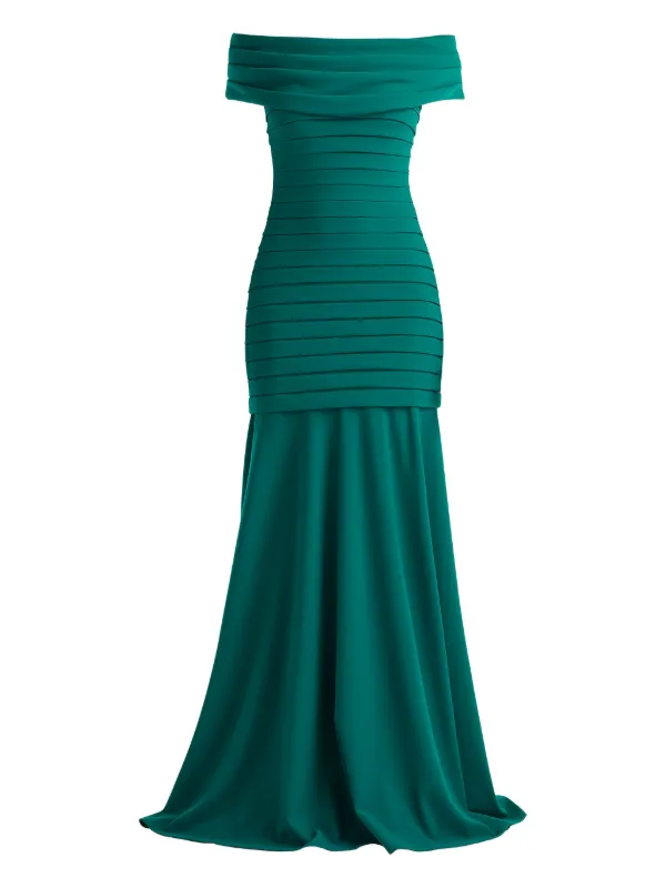 tadashi off shoulder dress Tadashi Shoji Cassia Bow-Shoulder Crepe Evening Gown ALG18371L