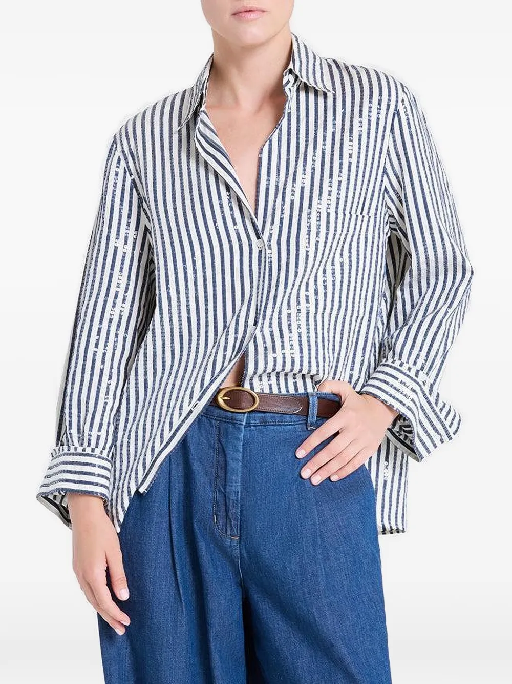 Twp Striped-pattern Sequin-embellishment Shirt In White