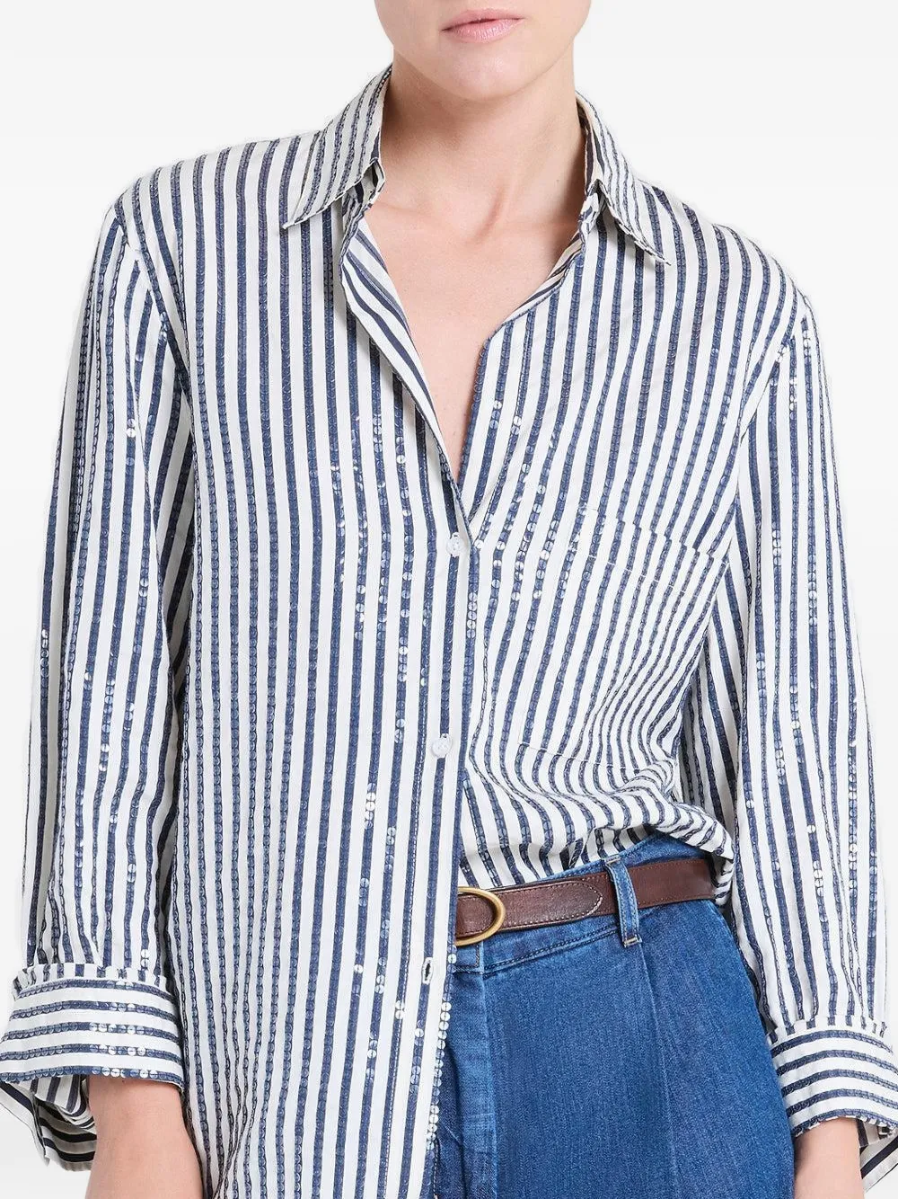 Twp Striped-pattern Sequin-embellishment Shirt In White