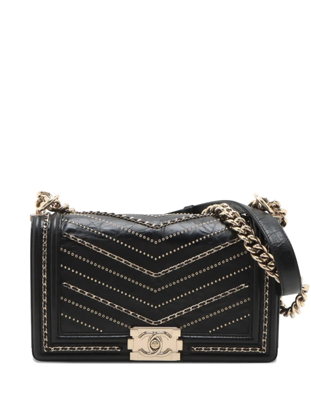 CHANEL Pre-Owned 2018-2019 Old Medium Chevron Crumpled Calfskin Embellished Boy Flap crossbody bag - Nero