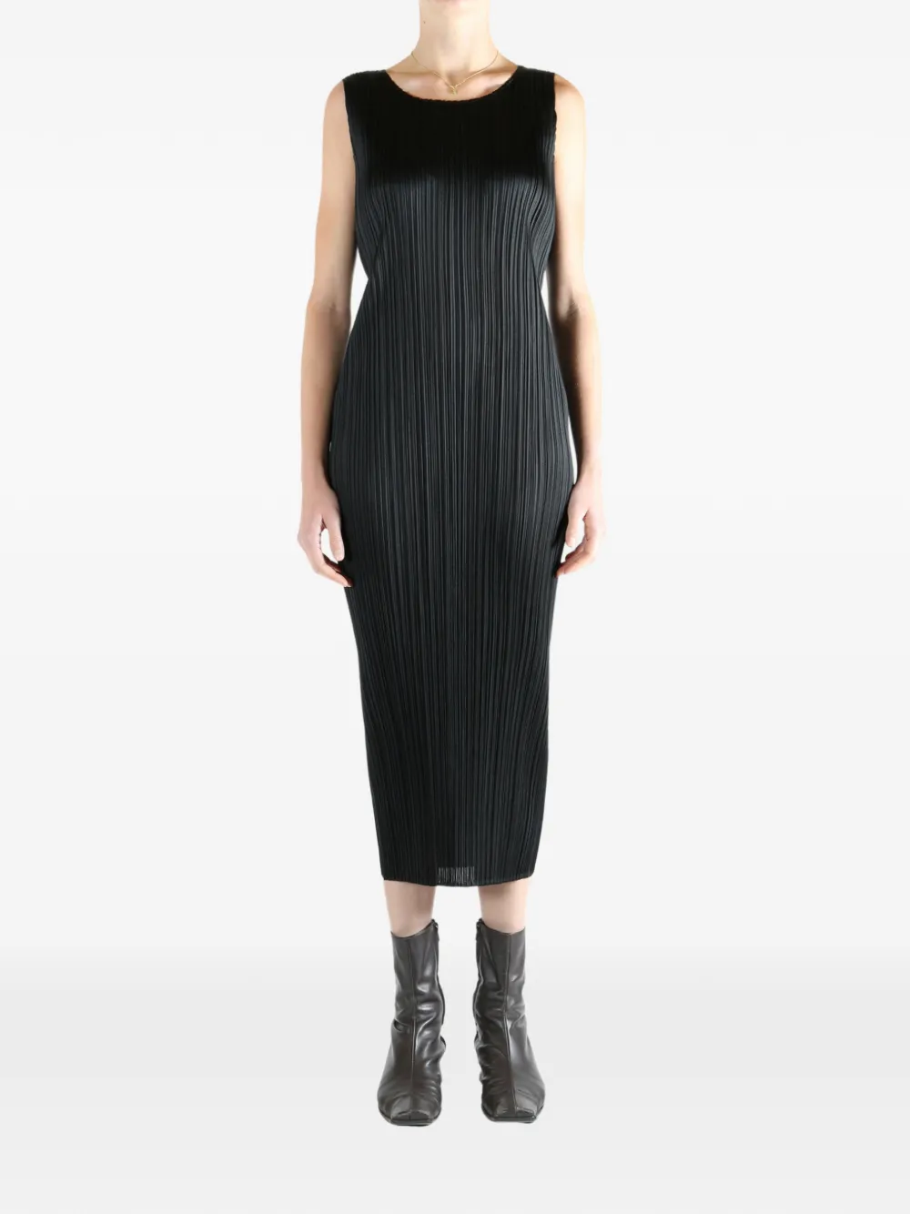 Pleats Please Issey Miyake pleated sleeveless midi dress - Zwart