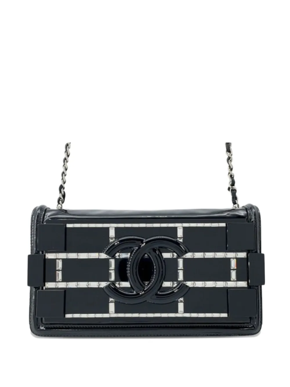 CHANEL Pre-owned 2014-2015 Patent And Acrylic Crystal Embellished Boy Brick Horizontal Flap Crossbody Bag In Black