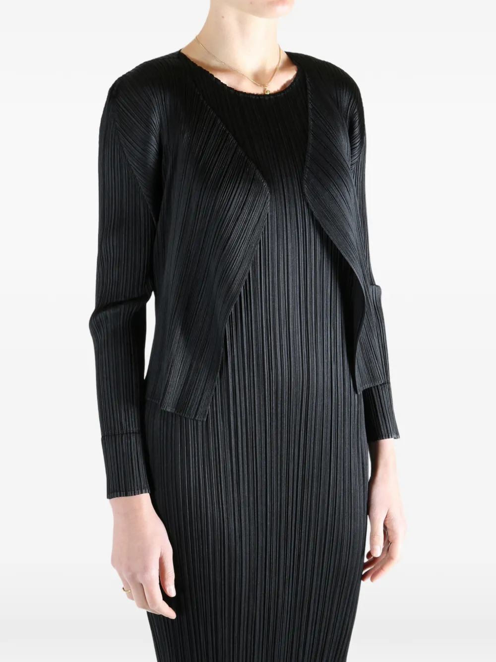 Issey Miyake Long Sleeve Cardigan Featuring A Pleated Design In Black