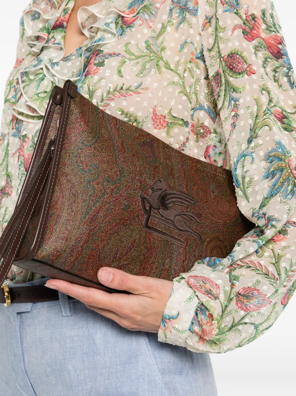 Etro Paisley Pegasus Cotton Clutch Bag In Brown