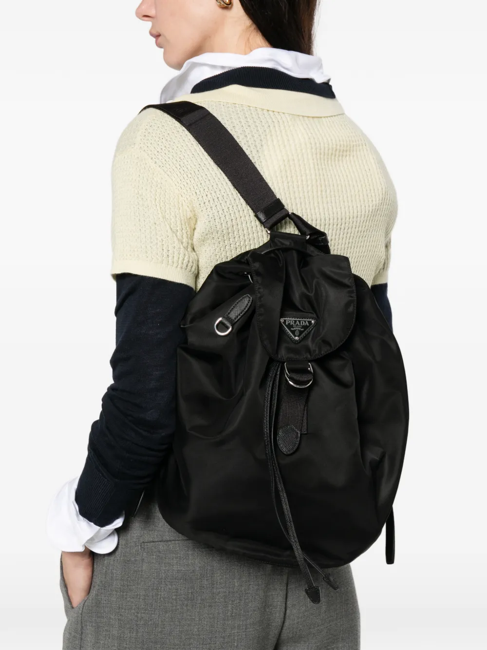 Prada logo plaque drawstring backpack - Zwart