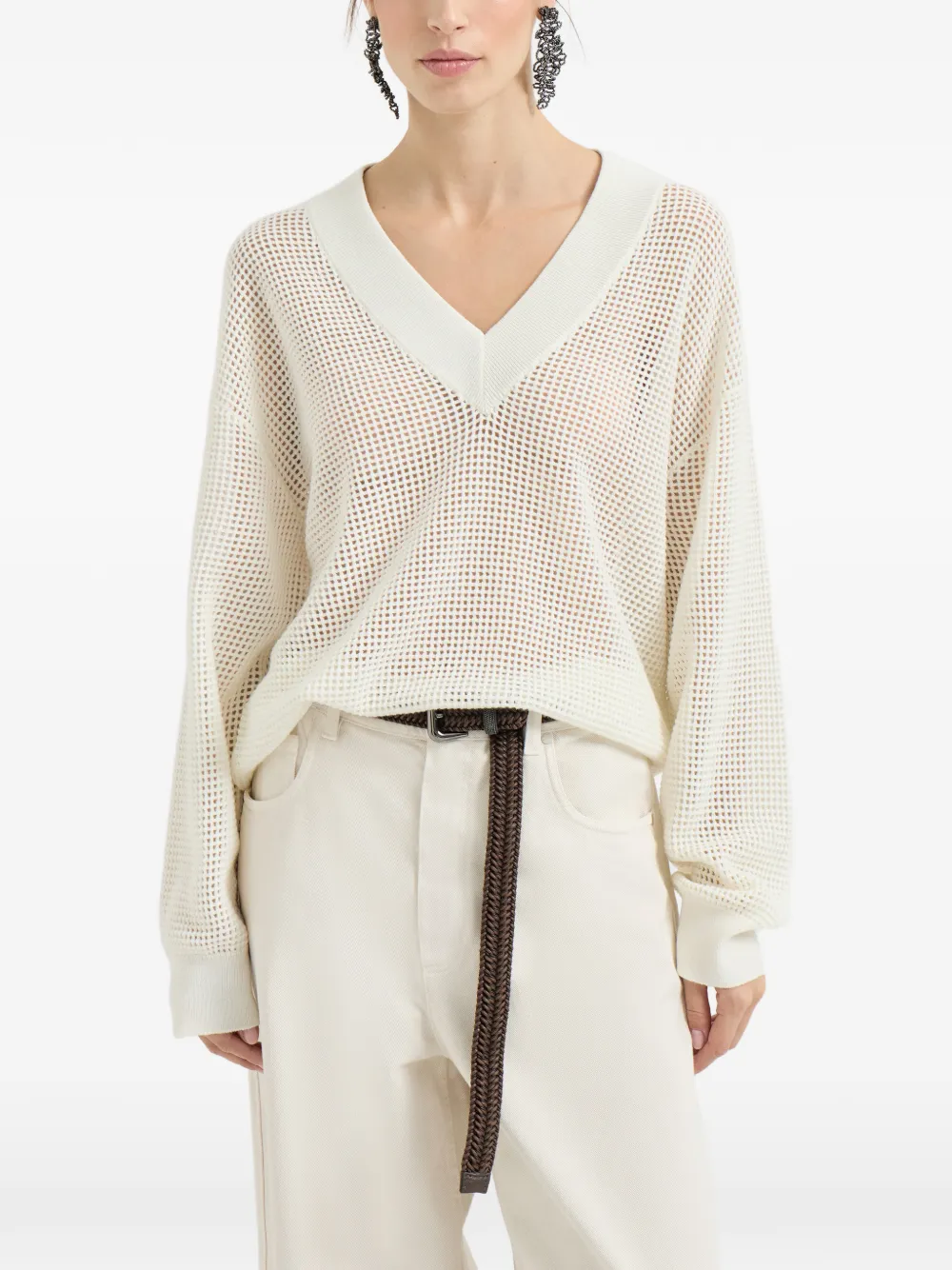 Brunello Cucinelli Opengebreide trui met V-hals Wit