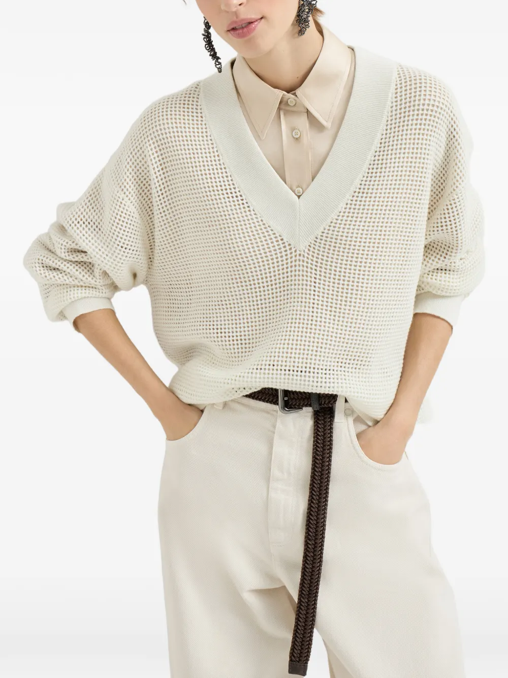 Brunello Cucinelli Opengebreide trui met V-hals Wit