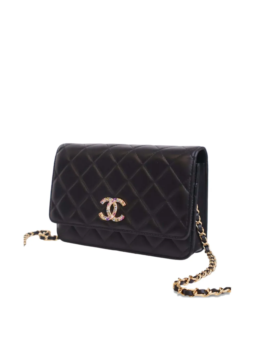 CHANEL Pre-owned 2020 Quilted Lambskin Crystal Cc Wallet On Chain Crossbody Bag In Black