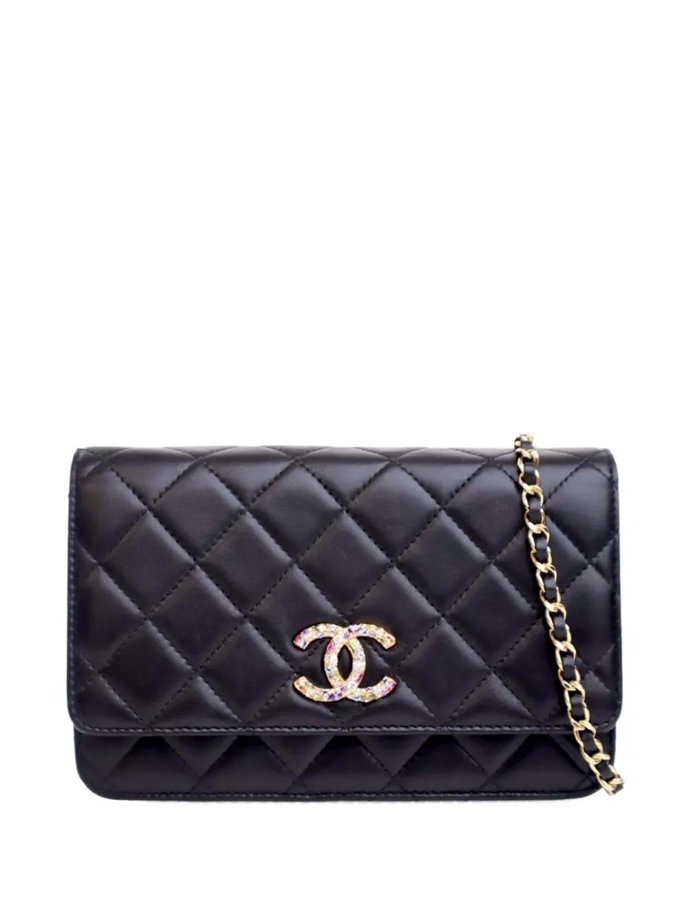 CHANEL Pre-owned 2020 Quilted Lambskin Crystal Cc Wallet On Chain Crossbody Bag In Black