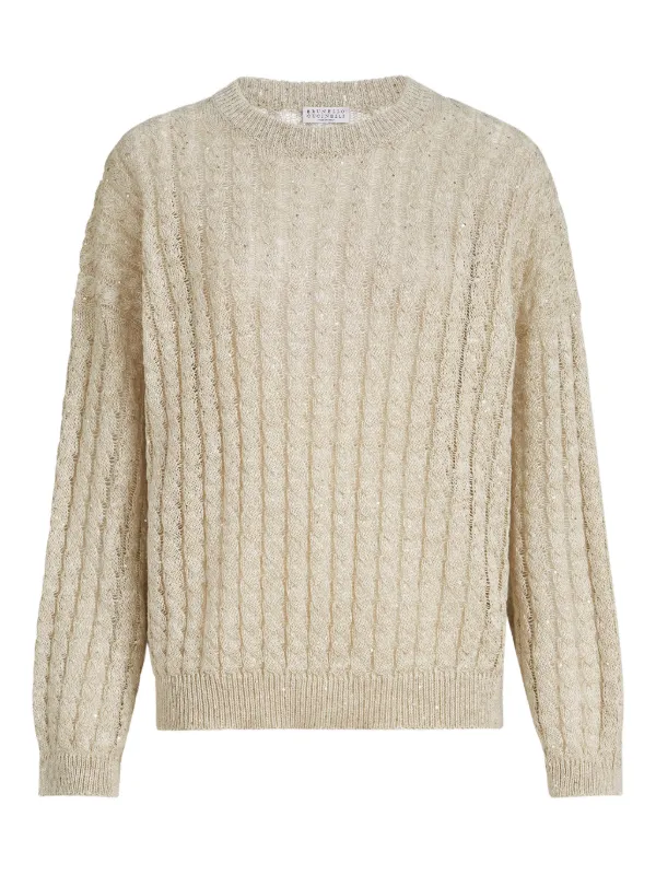 Brunello Cucinelli Linen Dazzling Cable Openwork Sweater in Neutrals