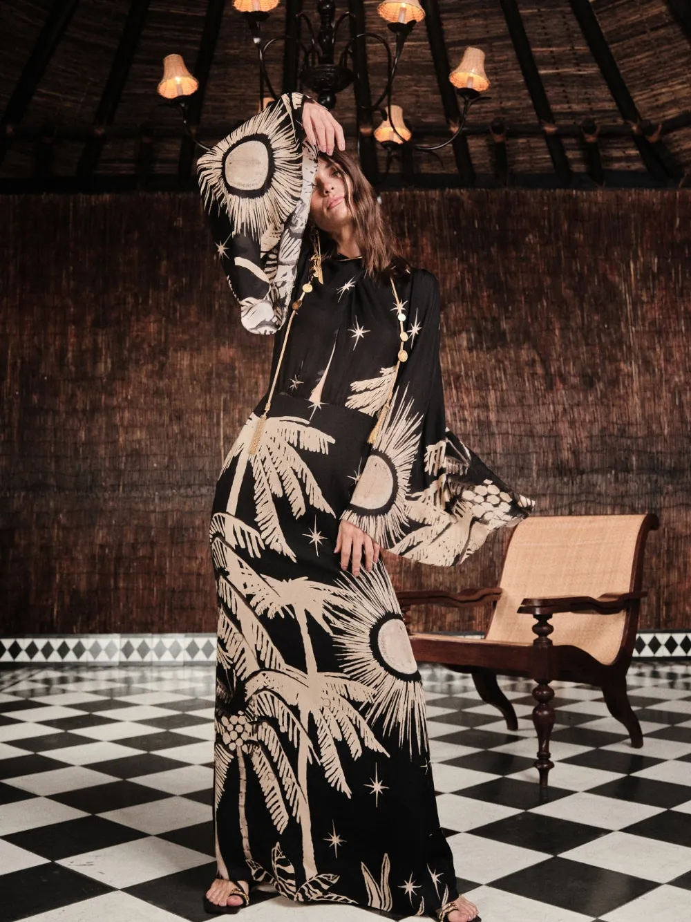 Johanna Ortiz Primera Vez Flared-sleeve Printed Dress In Black