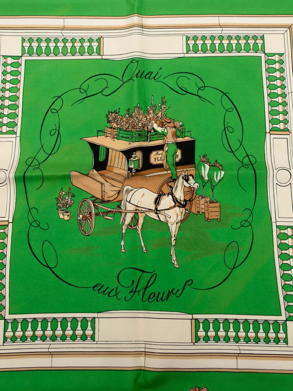 Pre-owned Hermes 20th Century Quai Aux Fleurs Silk Scarf Scarves In Green