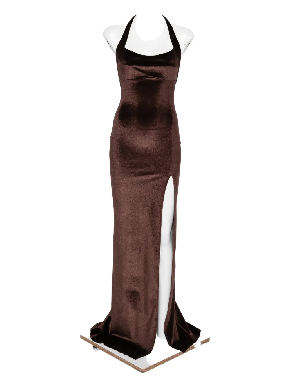 Atu Body Couture Halterneck Leg-slit Maxi Dress In Brown