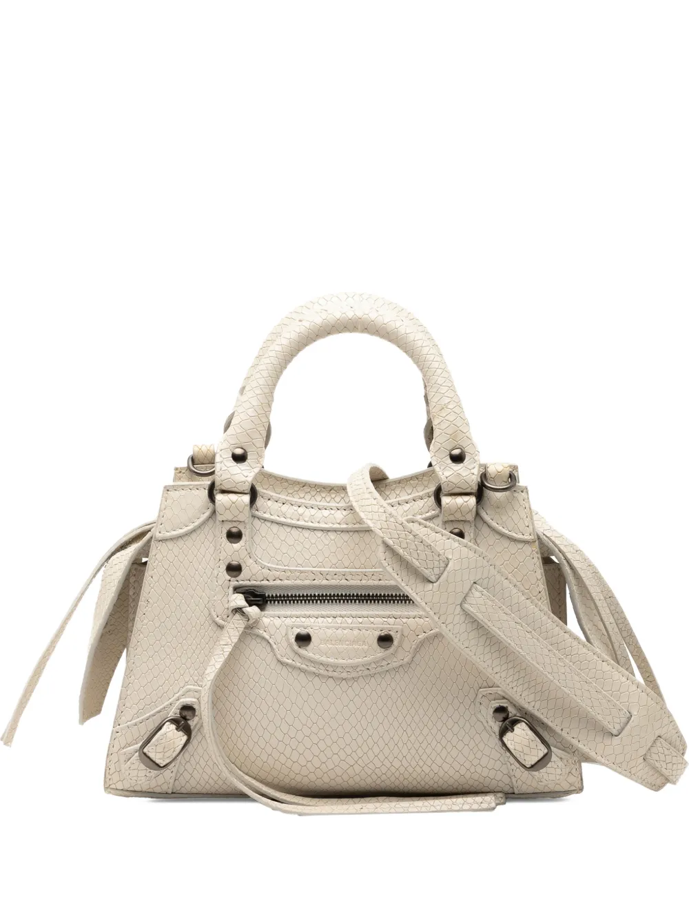 Pre-owned Balenciaga 2021 Mini Python Embossed Calfskin Neo Classic City Satchel In White