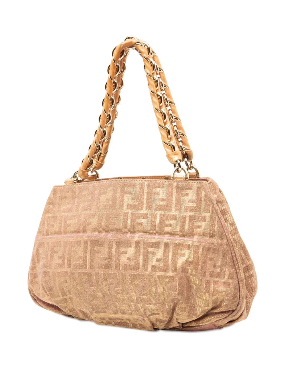 Pre-owned Fendi 2010-2025 Small Zucca Metallic Lurex Mia Chain Tote Bag In Brown