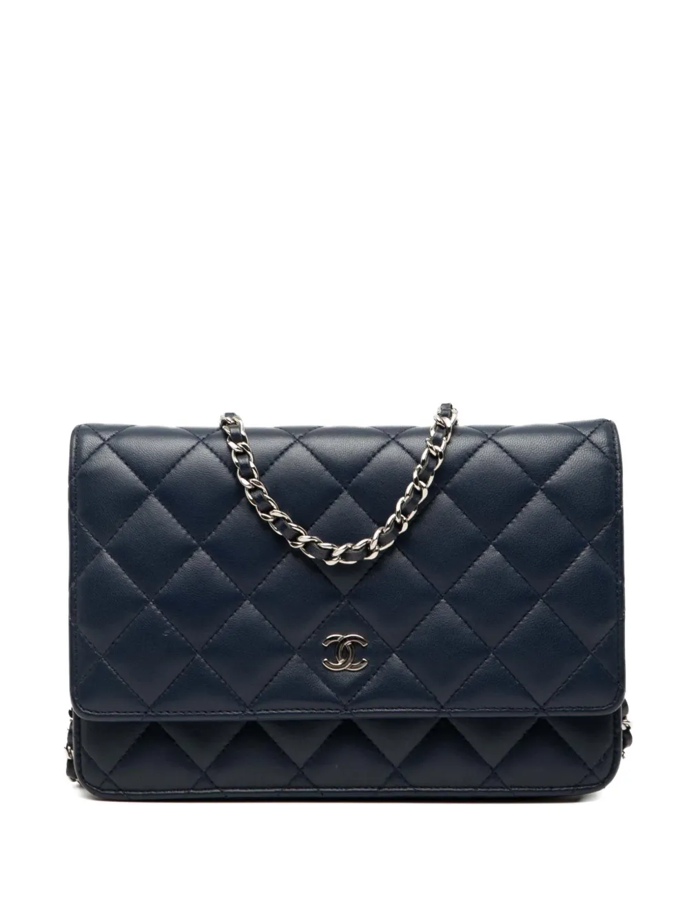 Pre-owned Chanel 2016-2017 Cc Quilted Lambskin Wallet On Chain Crossbody Bag In Blue