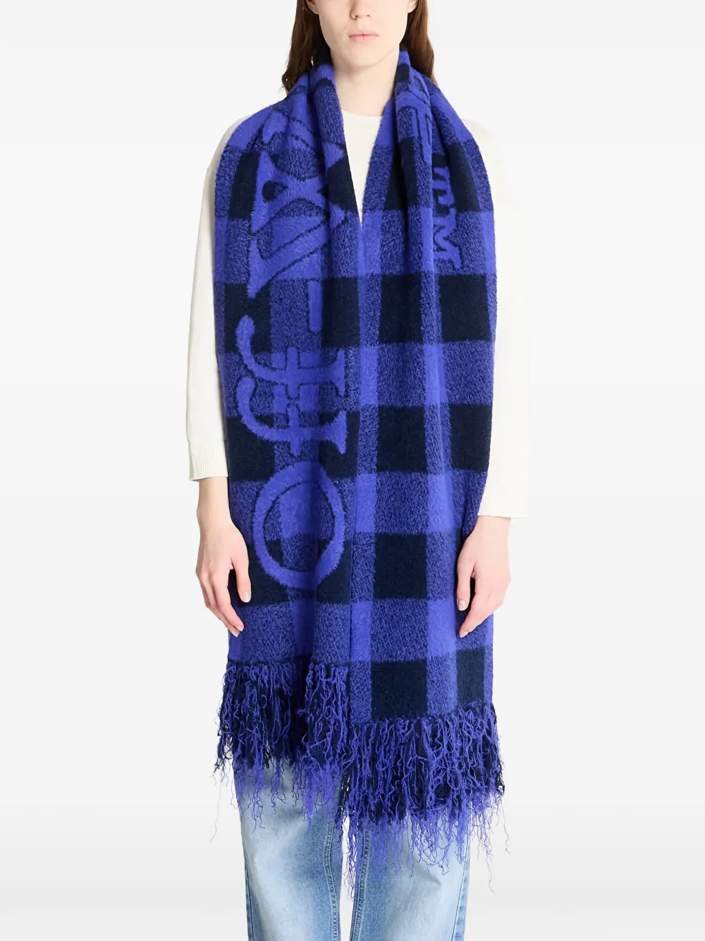 Off-White check-pattern fringed scarf - Blu