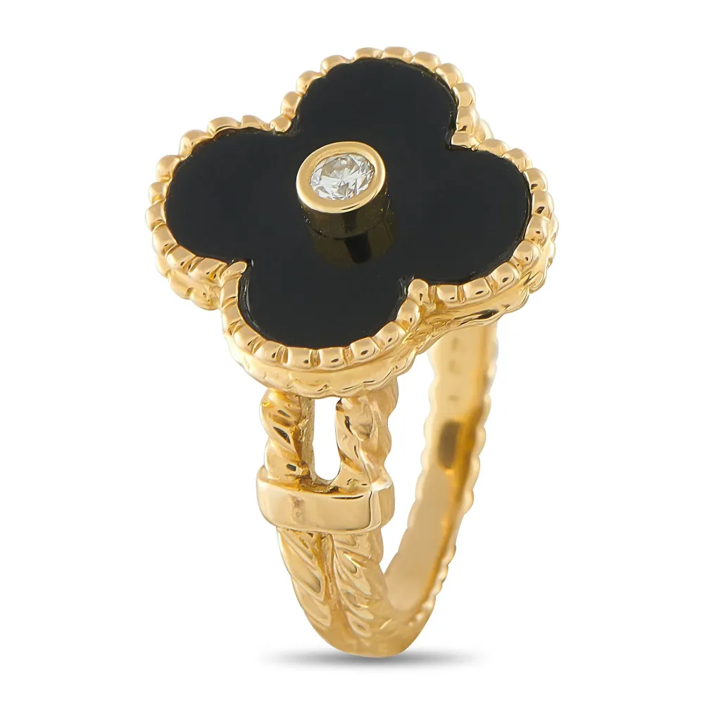 VAN CLEEF & ARPELS Pre-owned 18k Yellow Gold Alhambra Diamond And Onyx Ring