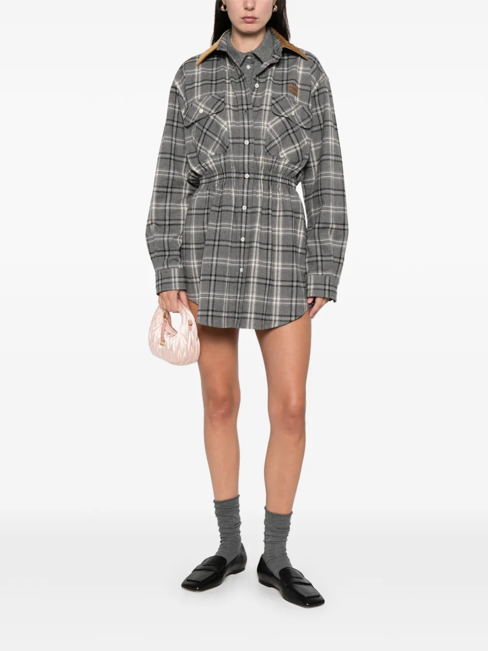 Miu Miu checked corduroy-collar mini dress - Grijs