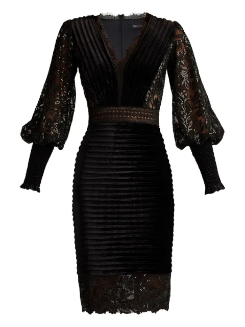 Tadashi Shoji mellemlang plisseret kjole med blondepanel